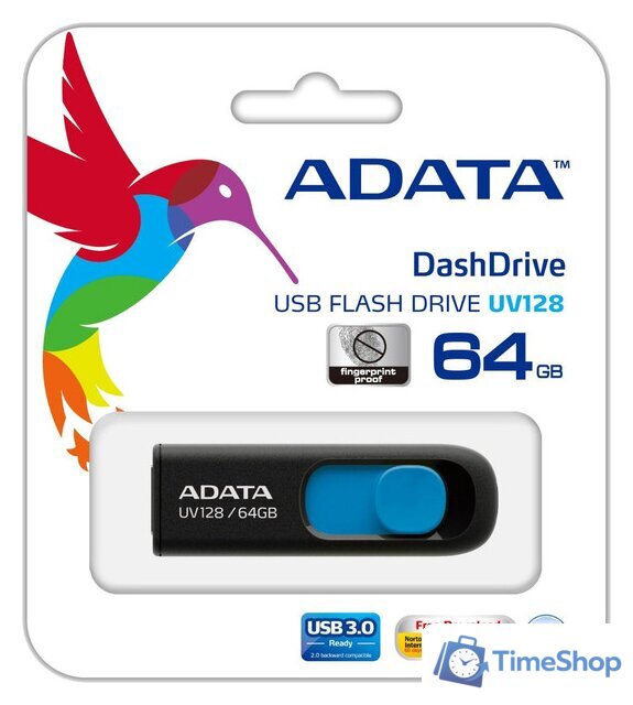USB Flash ADATA DashDrive UV128 64GB (черный/синий) - Изображение №4 — Интернет-магазин Time-Shop