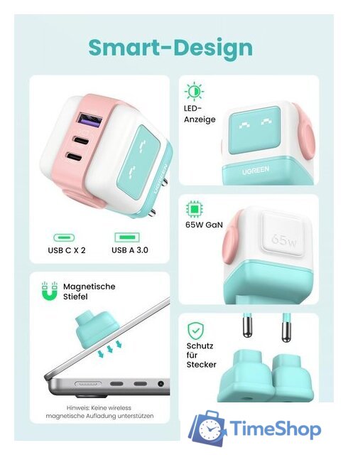 Сетевое зарядное Ugreen Nexode RG 65W CD361 (голубой/розовый) - Изображение №2 — Интернет-магазин Time-Shop