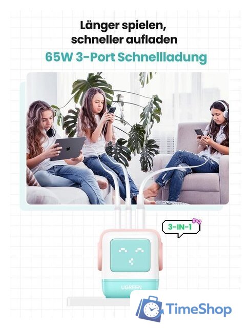 Сетевое зарядное Ugreen Nexode RG 65W CD361 (голубой/розовый) - Изображение №3 — Интернет-магазин Time-Shop