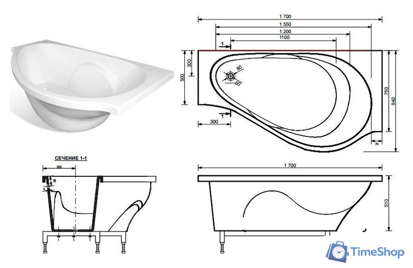 Ванна Эстет Грация 170x94 (правая) [2-0006] - Изображение №6 — Интернет-магазин Time-Shop
