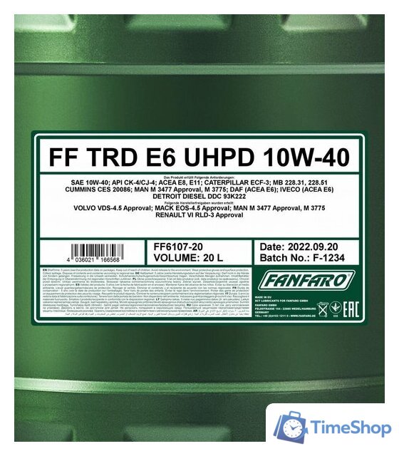 Моторное масло Fanfaro TRD E6 UHPD 10W-40 CK-4/CJ-4 20л - Изображение №2 — Интернет-магазин Time-Shop