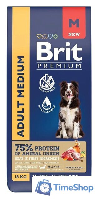 Сухой корм для собак Brit Premium Adult Medium с индейкой и телятиной 15 кг - Изображение №1 — Интернет-магазин Time-Shop
