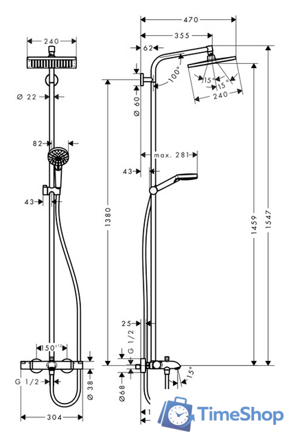 Душевая система  Hansgrohe Crometta E 240 1jet Showerpipe [27298000] - Изображение №2 — Интернет-магазин Time-Shop