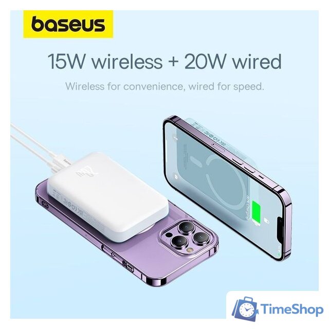 Внешний аккумулятор Baseus Magnetic Mini Air Wireless Fast Charge Power Bank 20W 10000mAh (белый) - Изображение №15 — Интернет-магазин Time-Shop