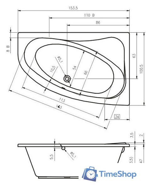 Ванна Riho Lyra 153x100L BA6800500000000 (без ножек) - Изображение №2 — Интернет-магазин Time-Shop