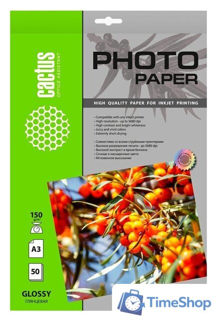 Фотобумага CACTUS Глянцевая A3 150 г/кв.м. 50 листов (CS-GA315050) - Изображение №1 — Интернет-магазин Time-Shop