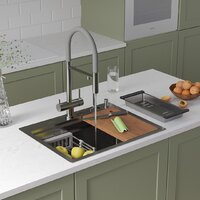 Кухонная мойка Roxen Stage 560250-60 сатин (c держателем для ножей, двумя коландерами, разделочной доской и дозатором) - Превью изображения №2 — Интернет-магазин Time-Shop