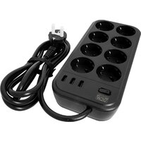 Сетевой фильтр Powercom SP-08 USB03AB (1.8 м, 8 розеток, черный) - Превью изображения №2 — Интернет-магазин Time-Shop