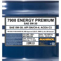 Моторное масло Mannol Energy Premium 5W-30 208л - Превью изображения №2 — Интернет-магазин Time-Shop